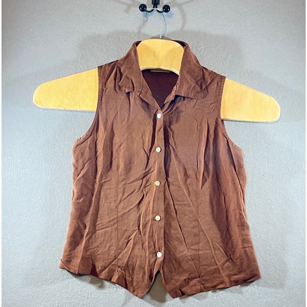 649 | Vintage Edward Petites 100% Silk Sleeveless Button Down Blouse Brown PM